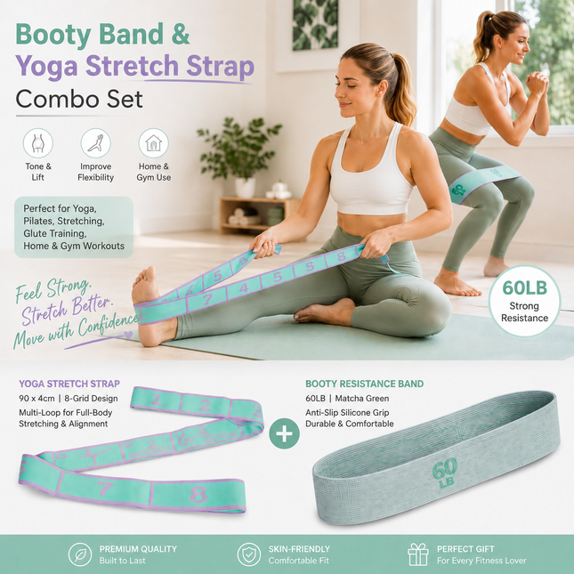 Green and purple 8 Grid Yoga Stretching Strap and 60LB Resistance Band Set for Pilates V888-ELOSUNG54855