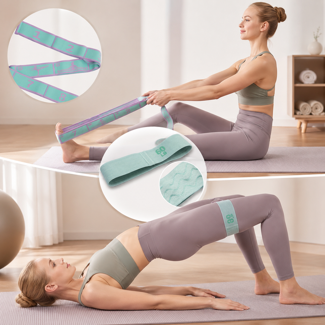 Green and purple 8 Grid Yoga Stretching Strap and 60LB Resistance Band Set for Pilates – product detail