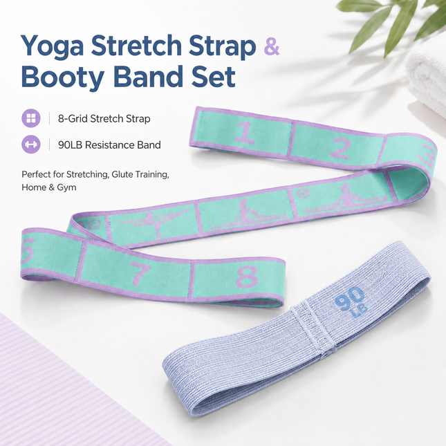Green and purple 8 Grid Yoga Stretching Strap and 90LB Resistance Band Set for Pilates V888-ELOSUNG54856