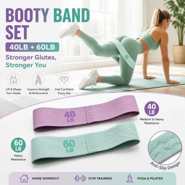 40LB Plus 60LB Booty Resistance Band Set Fabric Glute Bands for Women Hip Training Pilates Yoga Home