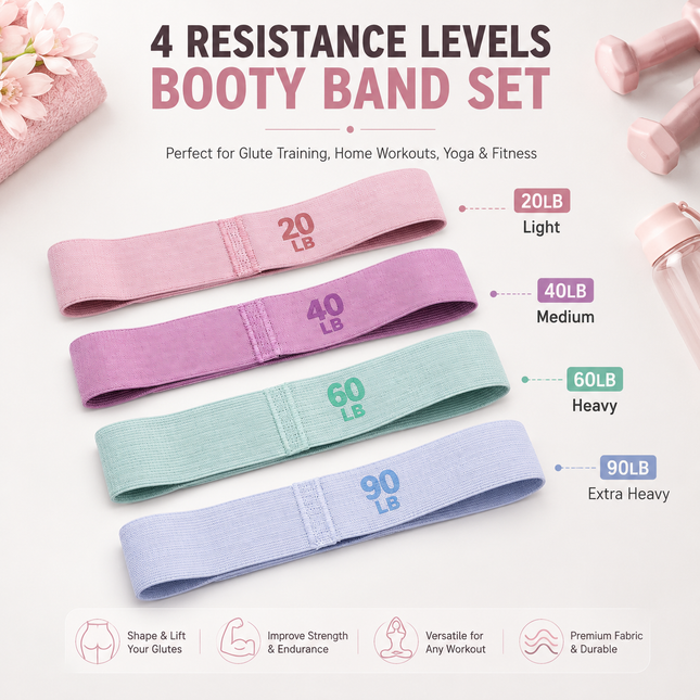 4 Level Resistance Booty Band Set Fabric Glute Bands for Women Hip Training Pilates Yoga