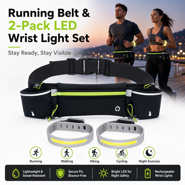 Green Running Belt and 2 Pack LED Wrist Light Set Outdoor Sports Waist Bag with V888-ELOSUNG54862