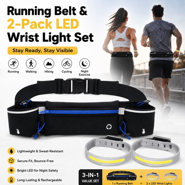 Blue Running Belt and 2 Pack LED Wrist Light Set Outdoor Sports Waist Bag with V888-ELOSUNG54864