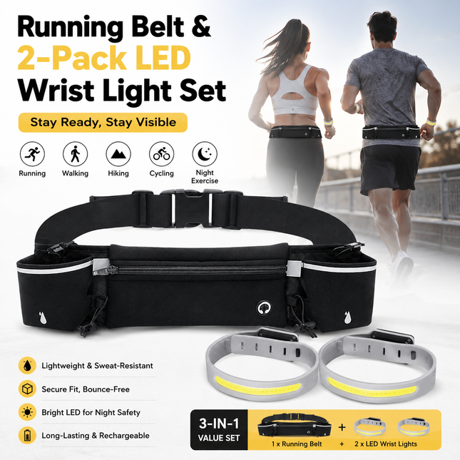 Black Running Belt and 2 Pack LED Wrist Light Set Outdoor Sports Waist Bag with V888-ELOSUNG54865