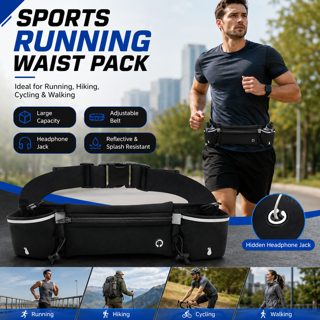 Black Running Waist Pack Sports Belt with Water Bottle Holder Adjustable Phone Waist Bag