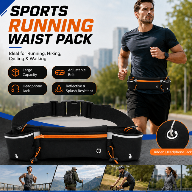 Orange Running Waist Pack Sports Belt with Water Bottle Holder Adjustable Phone Waist Bag