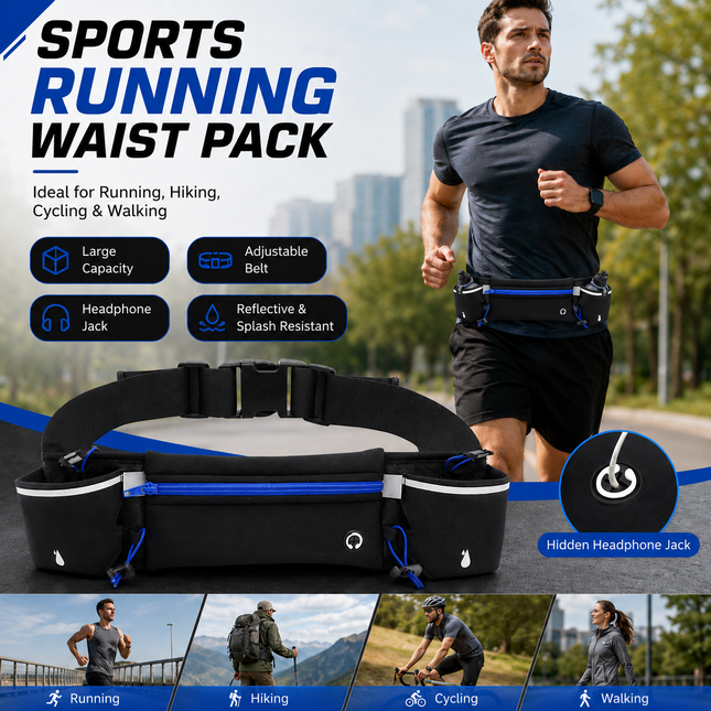 Blue Running Waist Pack Sports Belt with Water Bottle Holder Adjustable Phone Waist Bag V888-ELOSUNG54869