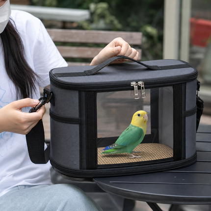 Small Animal Travel Carrier Bag - Grey Small Nylon and Plastic Portable Pet Carrier with Shoulder Strap and Carry Handle for Parrots, Hamsters, Guinea Pigs and Rabbits