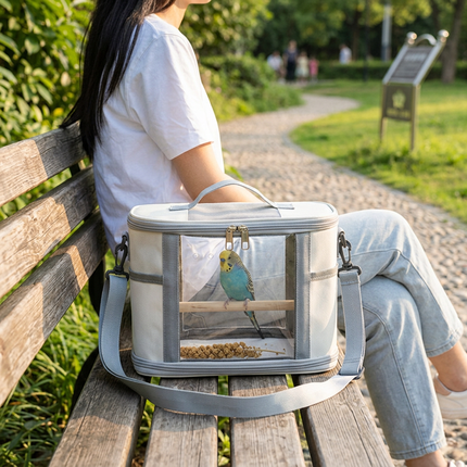 Large Small Animal Travel Bag (33*22.5*23cm) - Off-White small nylon and plastic portable pet bag with shoulder strap and handle, suitable for parrots, hamsters, guinea pigs and rabbits.