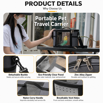 Large Small Animal Travel Bag (33*22.5*23cm) - Off-White small nylon and plastic portable pet bag with shoulder strap and handle, suitable for parrots, hamsters, guinea pigs and rabbits.