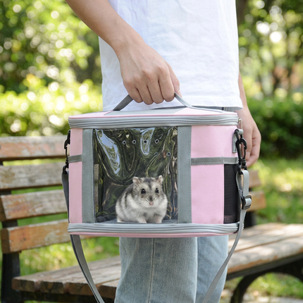 Small Animal Travel Bag(26*17*19cm) - Pink small nylon and plastic portable pet bag with shoulder strap and handle, suitable for parrots, hamsters, guinea pigs and rabbits.