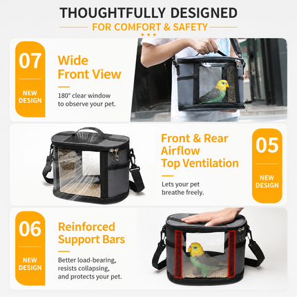 Small Animal Travel Bag(26*17*19cm) - Pink small nylon and plastic portable pet bag with shoulder strap and handle, suitable for parrots, hamsters, guinea pigs and rabbits.