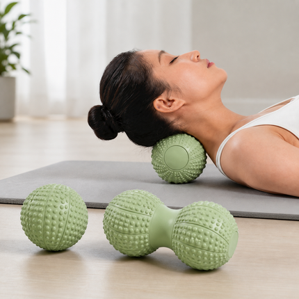 Green TPR Peanut Massage Ball Set - Dual Ball Self Massage Tool for Foot Arch, Neck, Shoulder and Back Muscle Relaxation, Home Gym Yoga and Travel Use