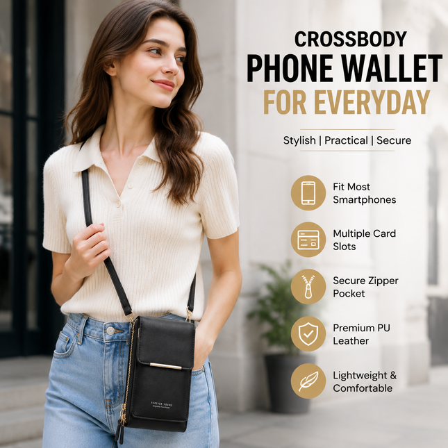 Black Touch Screen Phone Wallet Crossbody Bag for Women Vertical PU Leather Purse with Card
