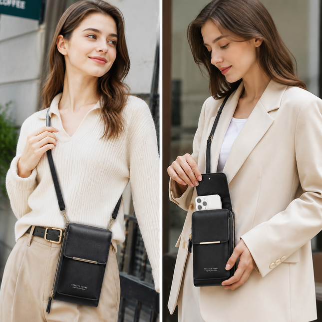 Black Touch Screen Phone Wallet Crossbody Bag for Women Vertical PU Leather Purse with Card – product detail