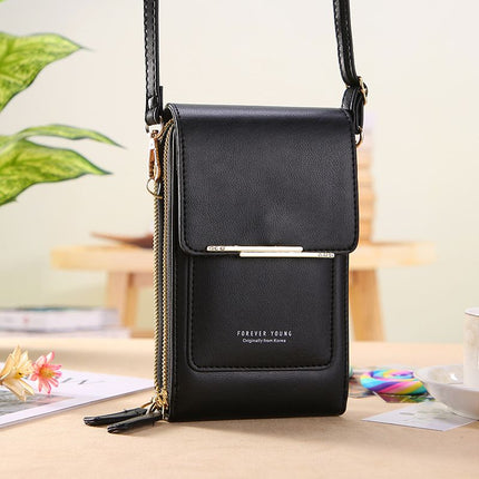 Black Touch Screen Phone Wallet Crossbody Bag for Women Vertical PU Leather Purse with Card Holder Zipper Pocket Adjustable Strap for Travel Shopping Everyday Use