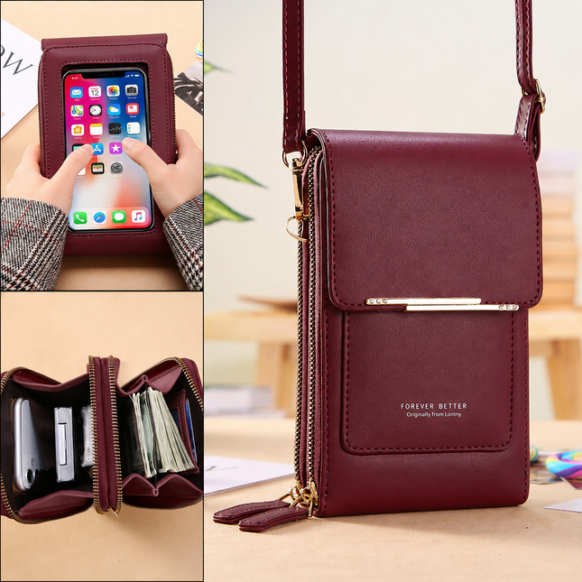Red Touch Screen Phone Wallet Crossbody Bag for Women Vertical PU Leather Purse with Card – product detail