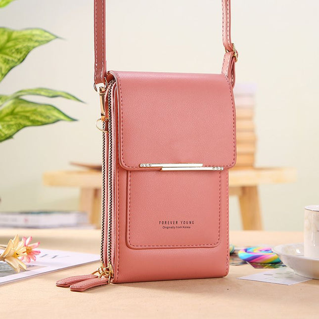 Pink Touch Screen Phone Wallet Crossbody Bag for Women Vertical PU Leather Purse with Card