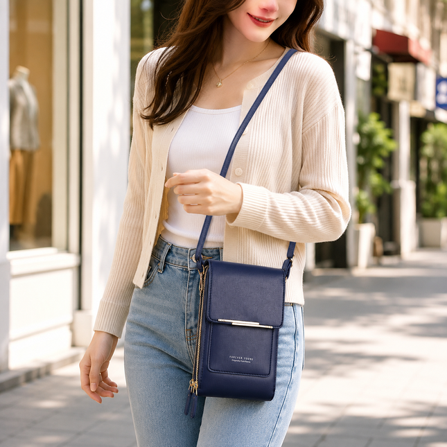 Blue Touch Screen Phone Wallet Crossbody Bag for Women Vertical PU Leather Purse with Card – product detail