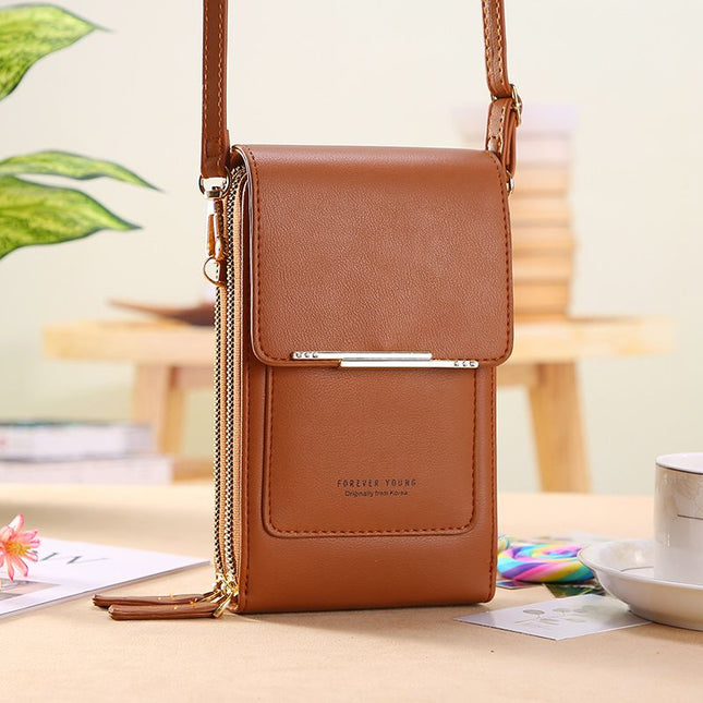 Brown Touch Screen Phone Wallet Crossbody Bag for Women Vertical PU Leather Purse with Card