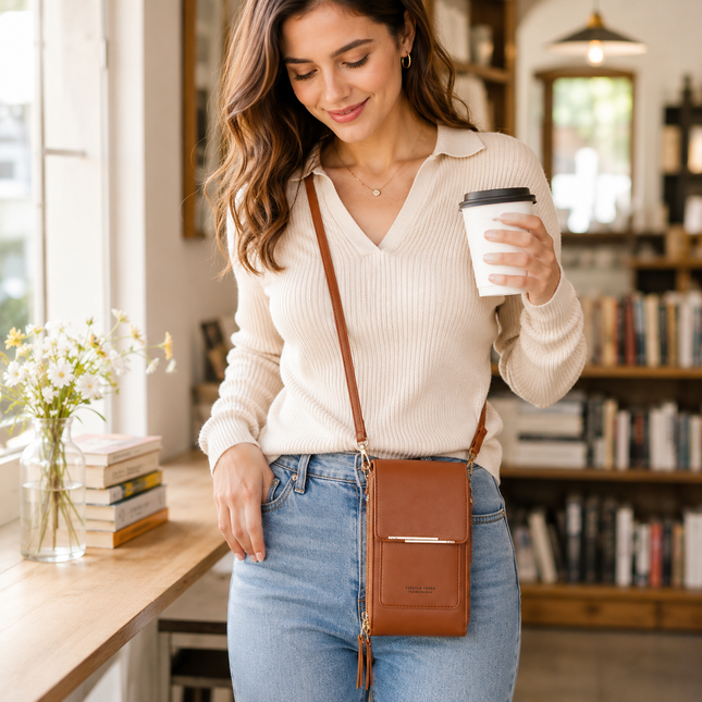 Brown Touch Screen Phone Wallet Crossbody Bag for Women Vertical PU Leather Purse with Card – product detail