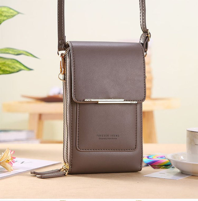 Gray Touch Screen Phone Wallet Crossbody Bag for Women Vertical PU Leather Purse with Card