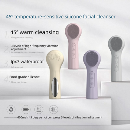 Blue Heated Silicone Facial Cleansing Brush - Dual Sided, Rechargeable, 3 Vibration Levels, Magnetic Charging for Daily Skincare, Bathroom and Travel