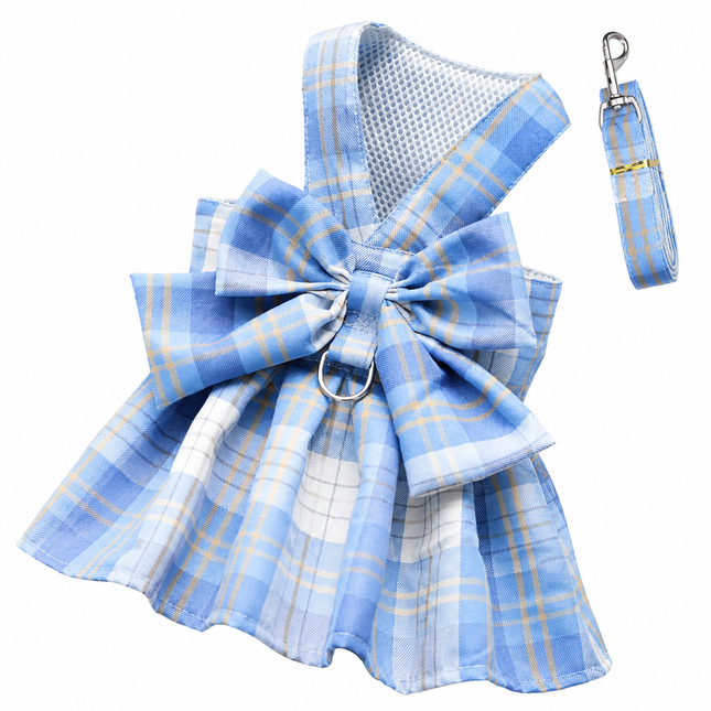 Blue Plaid Pet Harness Dress with Leash for Small Dogs and Cats S Size Bow Design Vest Outfit Walking