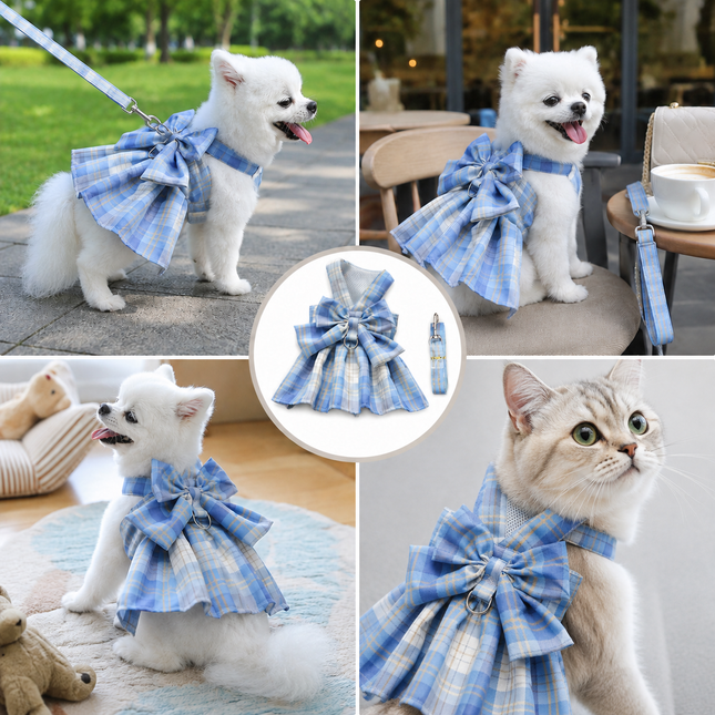 Blue Plaid Pet Harness Dress with Leash for Small Dogs and Cats S Size Bow Design Vest Outfit Walking – product detail