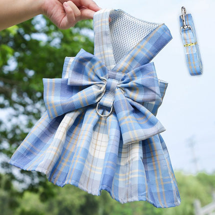 Blue Plaid Pet Harness Dress with Leash for Small Dogs and Cats XL Size Bow Design Vest Outfit Walking – shape and profile