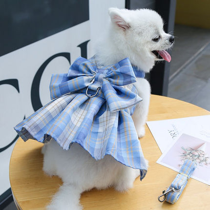 Blue Plaid Pet Harness Dress with Leash for Small Dogs and Cats XL Size Bow Design Vest Outfit Walking – product features