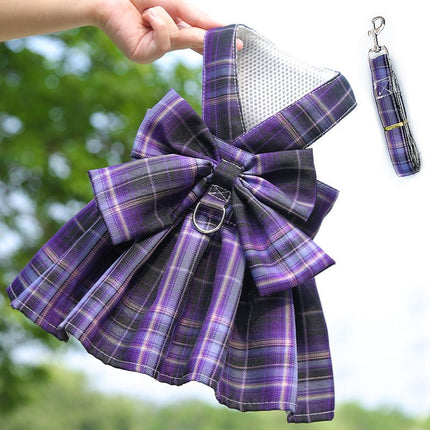 Dark Purple Plaid Pet Harness Dress with Leash for Small Dogs and Cats S Size Bow Design Vest Outfit Walking Accessory