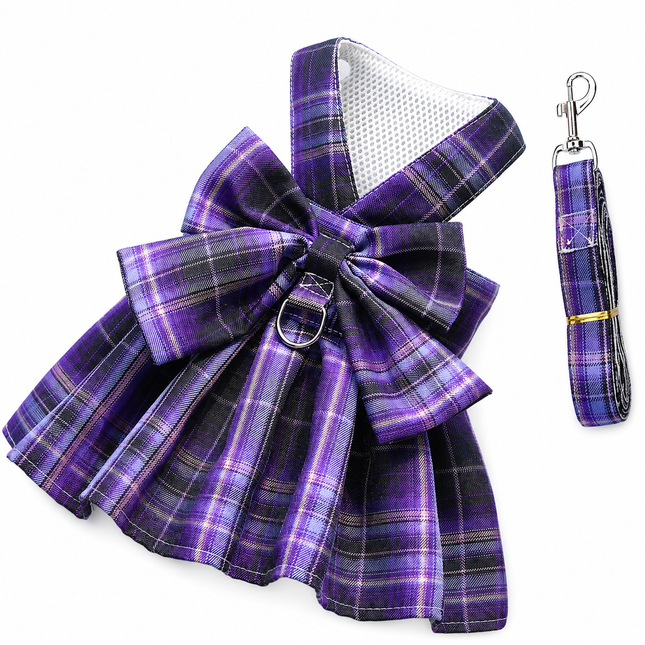 Dark Purple Plaid Pet Harness Dress with Leash for Small Dogs and Cats L Size Bow Design Vest Outfit