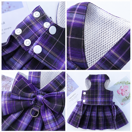 Dark Purple Plaid Pet Harness Dress with Leash for Small Dogs and Cats L Size Bow Design Vest Outfit Walking Accessory