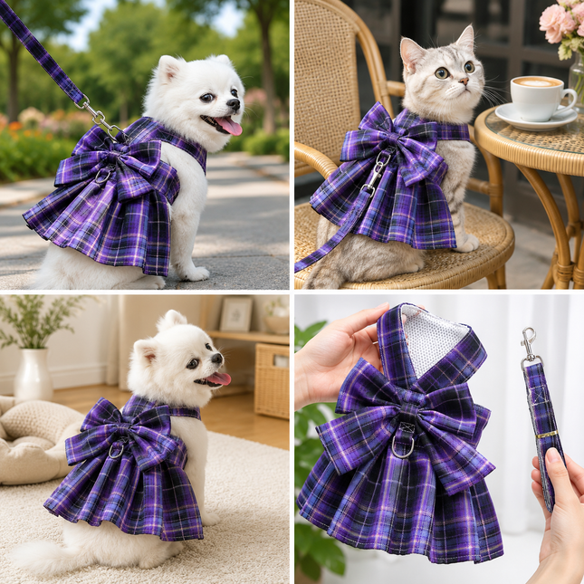 Dark Purple Plaid Pet Harness Dress with Leash for Small Dogs and Cats XL Size Bow Design Vest Outfit – product detail