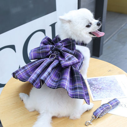 Dark Purple Plaid Pet Harness Dress with Leash for Small Dogs and Cats XL Size Bow Design Vest Outfit Walking Accessory