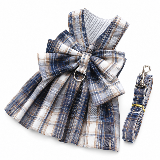 Navy Blue Plaid Pet Harness Dress with Leash for Small Dogs and Cats XS Size Bow Design Vest Outfit Walking