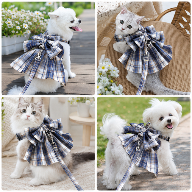 Navy Blue Plaid Pet Harness Dress with Leash for Small Dogs and Cats XS Size Bow Design Vest Outfit – product detail