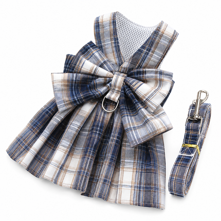 Navy Blue Plaid Pet Harness Dress with Leash for Small Dogs and Cats S Size Bow Design Vest Outfit Walking