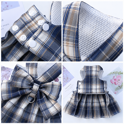 Navy Blue Plaid Pet Harness Dress with Leash for Small Dogs and Cats S Size Bow Design Vest Outfit – design and finish