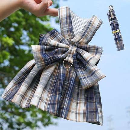 Navy Blue Plaid Pet Harness Dress with Leash for Small Dogs and Cats S Size Bow Design Vest Outfit – shape and profile