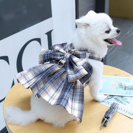 Navy Blue Plaid Pet Harness Dress with Leash for Small Dogs and Cats S Size Bow Design Vest Outfit Walking – product features