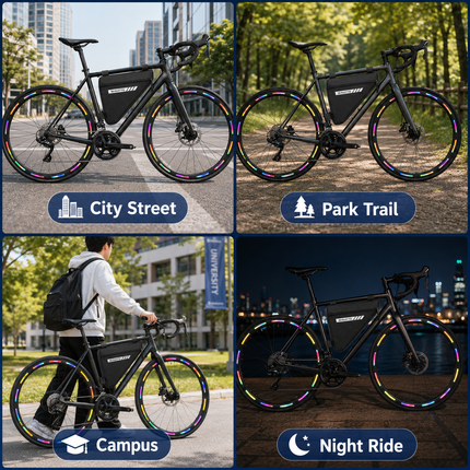 Black Bike Triangle Frame Bag with 20 Pieces Reflective Wheel Stickers Set for Mountain Road Cycling Storage and Visibility Accessories