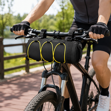 Black Bicycle Handlebar Bag with Fluorescent Yellow Elastic Cord