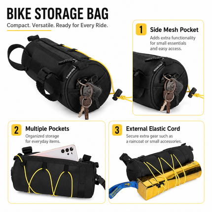 Black Bicycle Handlebar Bag with Black Elastic Cord Waterproof Front