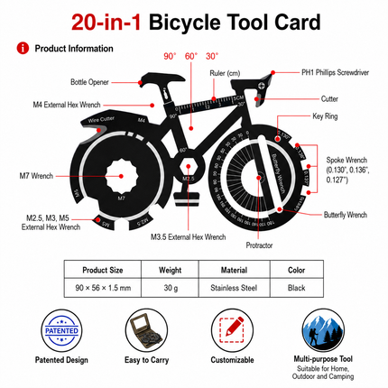 20-in-1 Bicycle Multi Tool Card Stainless Steel Bike Repair Tool with Wrench Screwdriver Spoke Wrench for Cycling Camping Outdoor Maintenance
