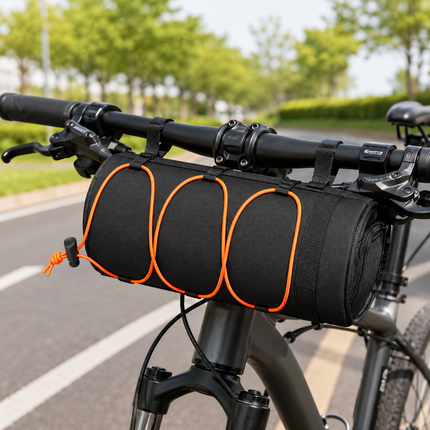 Black Handlebar Bag with Orange Elastic Cord and 20-in-1 Bicycle Multi Tool Card Combo Set for Cycling, Commuting and Outdoor Riding
