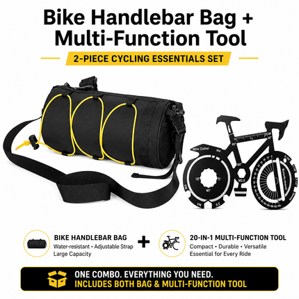 Black Handlebar Bag with Yellow Elastic Cord and 20-in-1 Bicycle Multi Tool Card Combo Set for Cycling, Commuting and Outdoor Riding