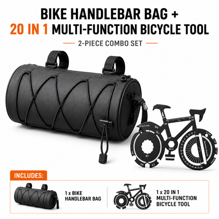 Black Handlebar Bag with Black Elastic Cord and 20-in-1 Bicycle Multi Tool Card Combo Set for Cycling, Commuting and Outdoor Riding