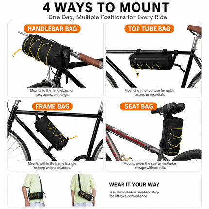 Black Handlebar Bag with Black Elastic Cord and 20-in-1 Bicycle Multi Tool Card Combo Set for Cycling, Commuting and Outdoor Riding